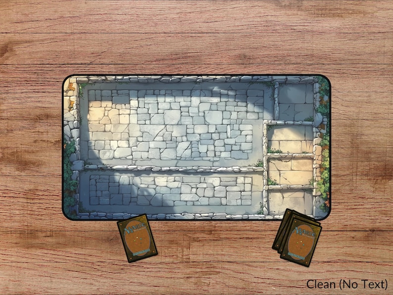 May include: A printable tabletop gaming map featuring a stone courtyard with a light gray and white color scheme. The map is designed for role-playing games and includes a variety of details, such as walls, doors, and windows.