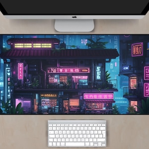 Cyberpunk City Desk Mat, Ramen Shop Desk Mat, Neon Lights Desk Pad, Gaming Mousepad XL, Gamer Mouse Pad, Gamer Gift