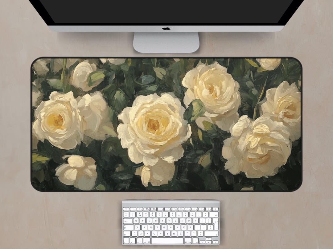 Rose Mat White Rose Desk Mat, Rose Painting Desk Mat, Rose Art Desk Mat, White ...