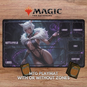 May include: A Magic: The Gathering playmat featuring a fantasy illustration of a woman with white hair and a fur collar. The playmat has zones for Battlefield, Lands, Library, Commander, Exile, and Graveyard. The text "MTG Playmat With or Without Zones" is also visible.