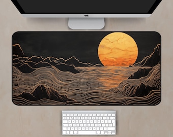 May include: A black and gold abstract design of a sunset over a wavy ocean. The sun is a large, bright orange circle with a red and orange gradient. The waves are represented by thin, gold lines.