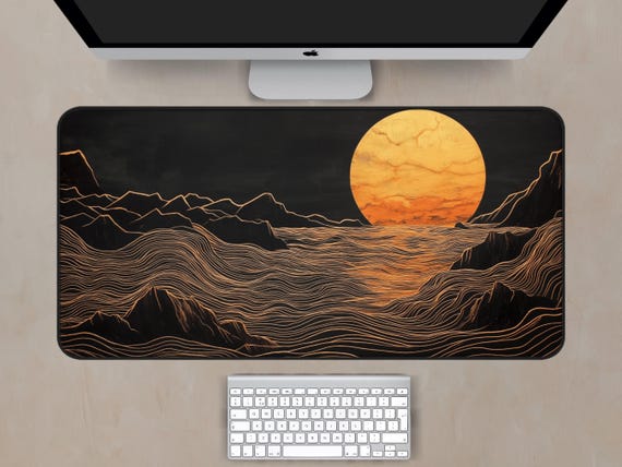 Golden Sun Desk Mat, Sun Art Desk Mat, Black and Gold Desk Mat, Sun Mousepad, Artistic Desk Mat and Mousepad