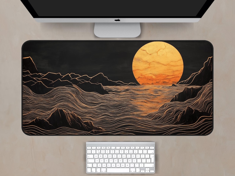 May include: A black and gold abstract design of a sunset over a wavy ocean. The sun is a large, bright orange circle with a red and orange gradient. The waves are represented by thin, gold lines.