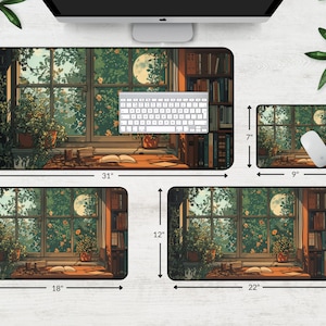 Cute desk mat featuring a library of books and houseplants