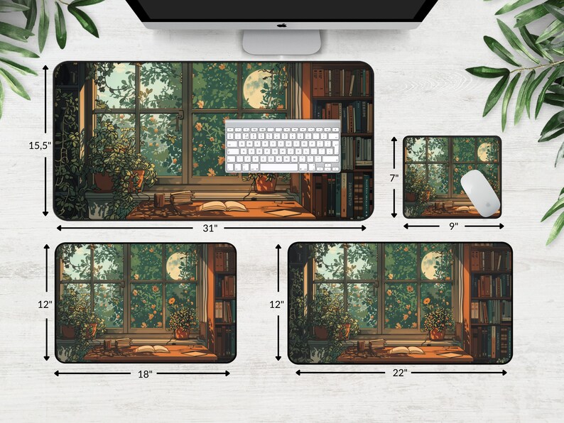 Cute desk mat featuring a library of books and houseplants