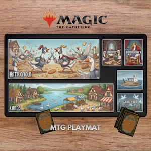 May include: Black rectangular MTG playmat featuring a whimsical illustration of geese in medieval armor, battling with swords. The playmat includes sections for Battlefield, Lands, Library, Commander, Exile, and Graveyard. The Magic: The Gathering logo is at the top.