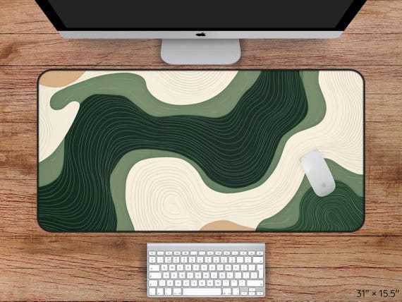 Green Wave Desk Mat, Abstract Green Desk Mat, Wavy Desk Mat, Green Mouse Mat, Beige Boho Desk Mat, Wavy Art, Large Desk Mat, Large Mouse Mat