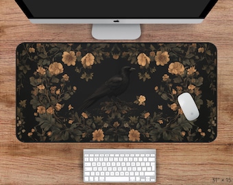 Raven Tapestry Desk Mat – Medieval Blackbird Design with Cottagecore Wildflowers for Your Desk