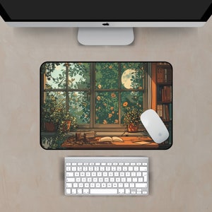 Cottagecore desk mat showcasing a cute reading nook with houseplants