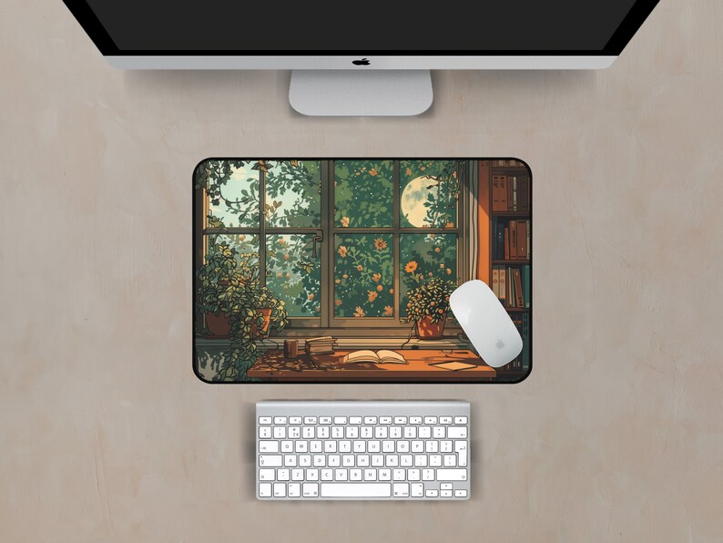 Cottagecore desk mat showcasing a cute reading nook with houseplants