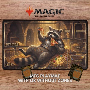 May include: MTG playmat featuring a raccoon in armor eating pizza, with zones for gameplay. The playmat has the Magic: The Gathering logo and text, with zones labeled Battlefield, Lands, Library, Commander, Exile, and Graveyard.