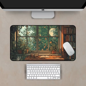 Lofi mousepad with a charming reading area and cozy cottagecore style
