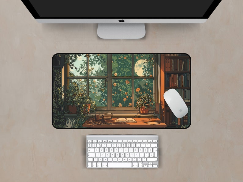 Lofi mousepad with a charming reading area and cozy cottagecore style