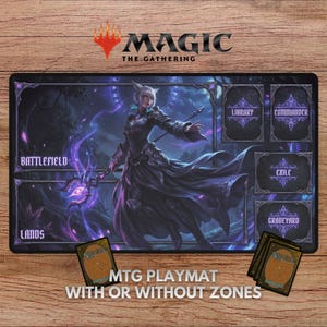 May include: A rectangular Magic The Gathering playmat featuring a dark fantasy illustration of a character holding a glowing purple staff. The mat includes designated zones labelled Battlefield, Lands, Library, Commander, Exile, and Graveyard.