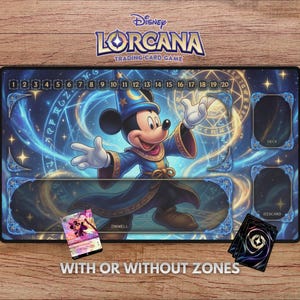 May include: A Disney Lorcana trading card game playmat featuring Mickey Mouse in a sorcerer's outfit. The mat has a blue and gold celestial design with zones for cards and the text "WITH OR WITHOUT ZONES".