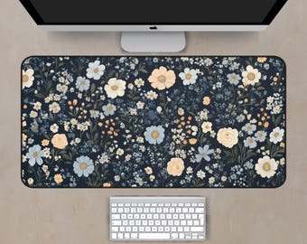 Dark Blue Floral Desk Mat, Floral Mousepad, Botanical Floral Desk Mat, Floral Office Decor, Flower Mousepad, Flower Desk Mat