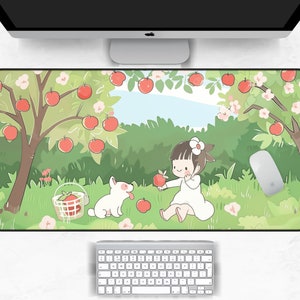 Cute Cartoon Girl Desk Mat - Kawaii Mousepad for Gamer Girls, Nature Desk Mat with Girl and Dog Cartoon - Cute Home Decor