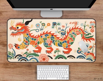 Japanese Dragon Desk Mat, Colorful Japanese Desk Mat, Japanese Art Mouse Pad, Colorful Dragon Desk Mat, Fantasy Gaming Desk Mat