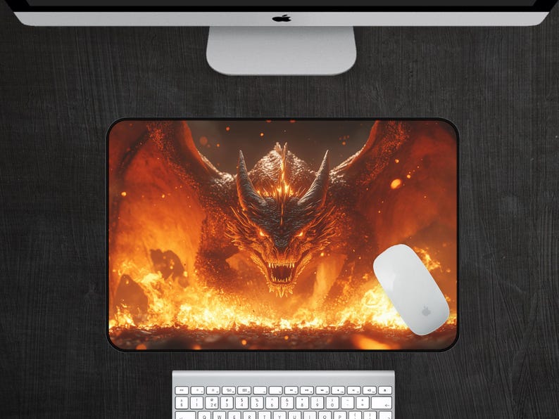 May include: A fiery orange and red dragon with black wings and claws emerges from a bed of flames. The dragon's eyes glow with an intense yellow light.