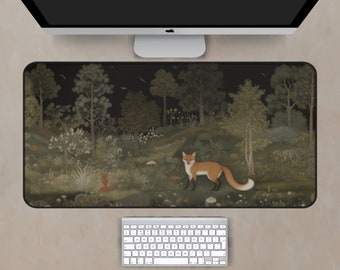 Cottagecore Fox Art Desk Mat, Atmospheric Woodland Desk Mat, Large Desk Mat for Gamers and Aesthetic Workspaces