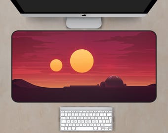 May include: A red, orange, and purple sunset with two yellow suns and a silhouette of a building in the distance. The image is a digital illustration.