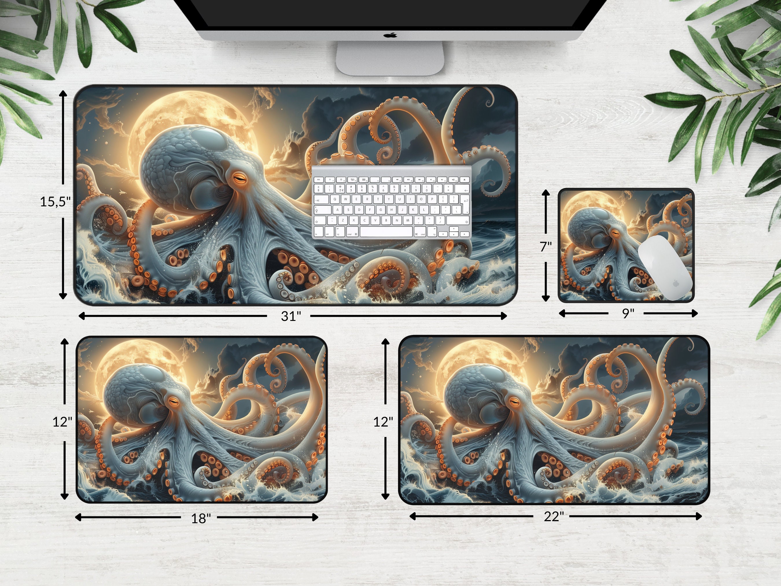 Octopus Padding White Octopus Desk Mat, Octopi Moon Mousepad, Octopus Mouse Pad, Gaming ...