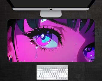 Anime Girl Crying Desk Mat, Japanese Kawaii gaming mouse pad, Purple keyboard mousepad, Anime Desk Mat, Anime Mousepad