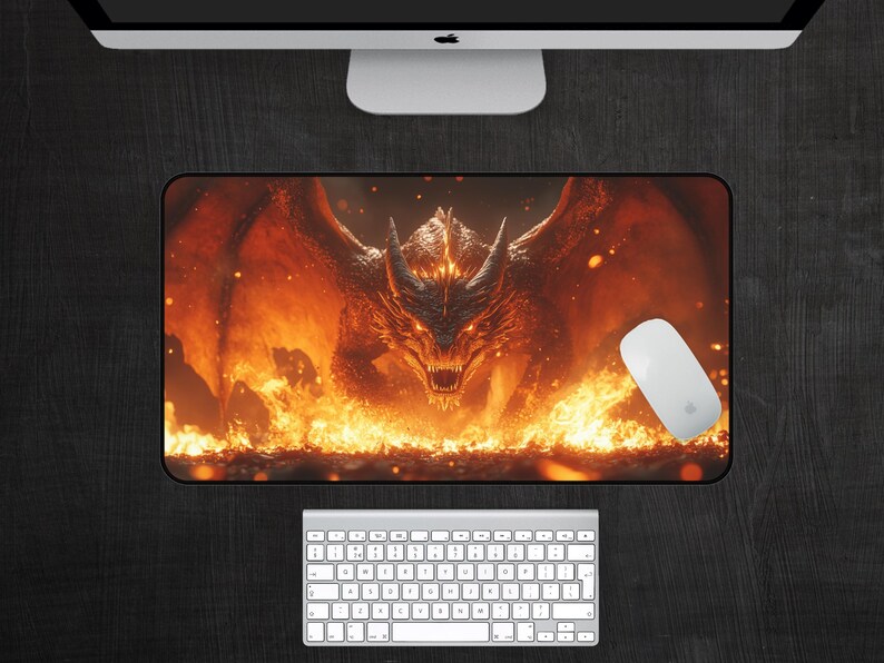 May include: A fiery orange and red dragon with black scales and glowing eyes emerges from a bed of flames. The dragon's wings are spread wide, and its mouth is open in a roar.