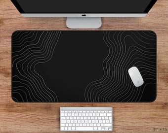Minimalist Black & White Topography Desk Mat – Modern Contour Line Art Mouse Pad
