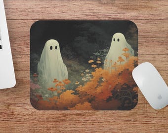 Alfombrilla de ratón con diseño de flores y fantasmas, estética gótica, con un toque espeluznante, kawaii y floral.
