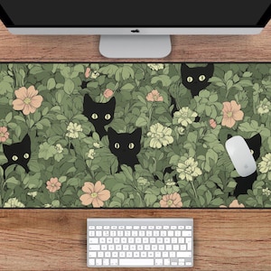 隠れた子猫のグリーンデスクマット、XLサイズの猫のかわいい植物のクールなデスクパッド、キーボードマット、かわいい黒猫の花のマウスパッド、グリーンデスクマット、デスクの装飾