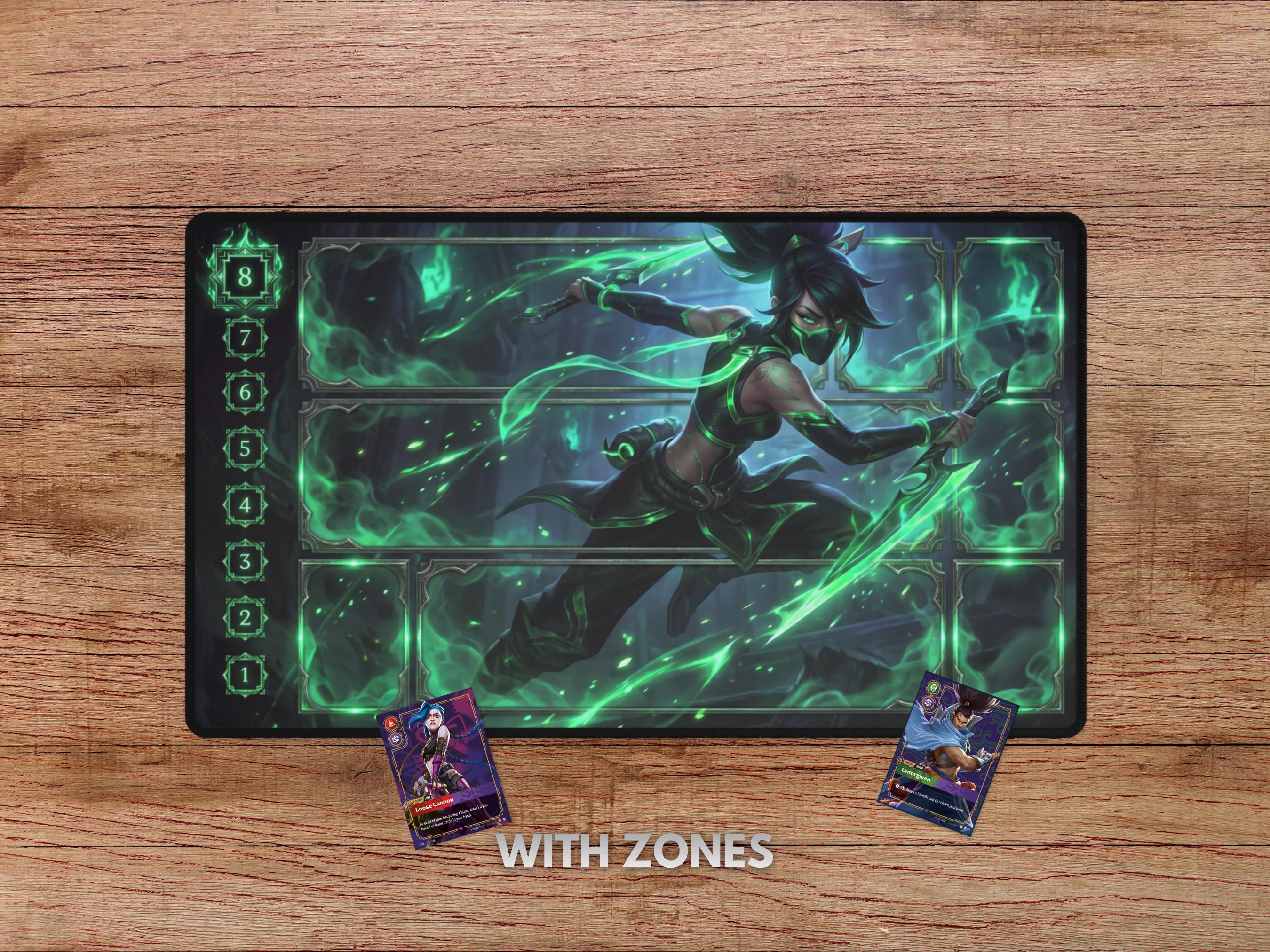 Akali Riftbound Playmat - With Themed Zones, Green Akali Playmat