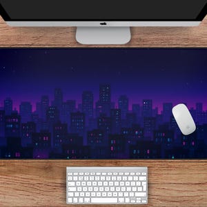 Lo-fi Pixel Cityscape Desk Mat – Nighttime Skyline Mouse Pad with Neon Windows, Large Desk Mat, Neon City Desk Mat, Pixel Mousepad
