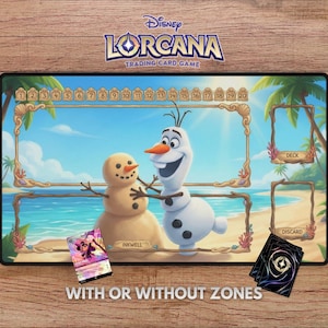 May include: A Disney Lorcana trading card game playmat featuring Olaf and a snowman on a beach scene. The mat includes zones for cards, a score tracker, and the text "WITH OR WITHOUT ZONES".