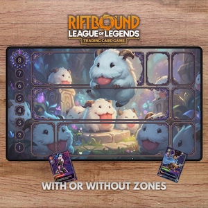 May include: A rectangular playmat for the Riftbound League of Legends trading card game featuring multiple fluffy white Poro creatures with horns and pink tongues. The mat includes a numbered vertical track from one to eight and designated card zones.