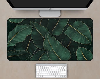 Green Leaves Desk Mat With Golden Lines, Banana Leaf Desk Mat, Green Mouse Pad, Palm Tree Desk Mat, Computer Desk Mat, Large Desk Mat