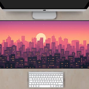 Lo-fi Pixel Sunset Desk Mat – Pixel Art Skyline Mouse Pad in Warm Gradient Colors, Pixel Desk Mat, City Desk Mat, Pixelart Desk Mat