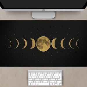 Celestial Moon Phases Desk Mat – Golden Lunar Cycle Mouse Pad with Stars