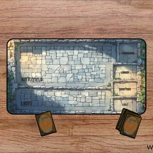May include: A gray and white stone-textured playmat with black borders and text labels for a game. The labels include "Battlefield", "Lands", "Command", "Library", "Graveyard", and "Exile".