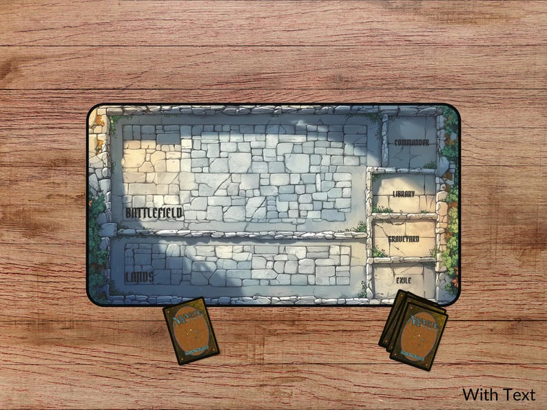 May include: A gray and white stone-textured playmat with black borders and text labels for a game. The labels include "Battlefield", "Lands", "Command", "Library", "Graveyard", and "Exile".