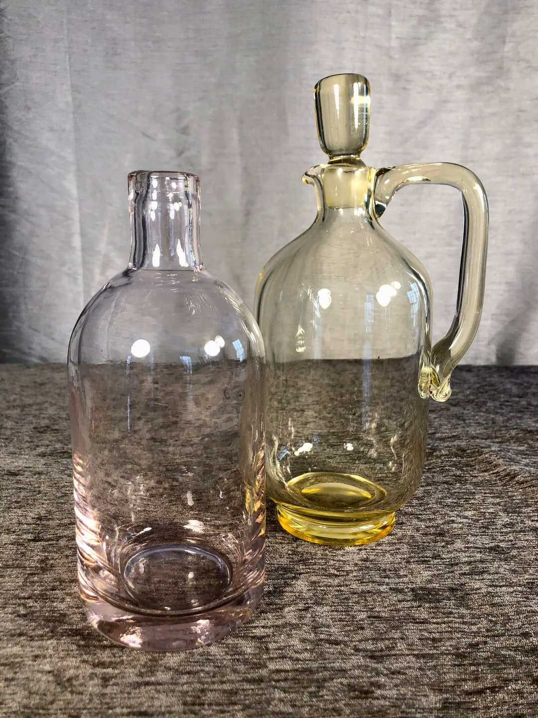 Vintage MCM Pair Colored Art Glass Bottle & Decanter Pink and Yellow ...