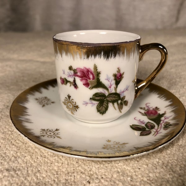 Vintage MCM Miniature Tea Cup and Saucer, Rosebuds Metallic Gold Pink Made in Japan 1.75" H - Japanese Export Porcelain Estate Sale