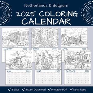 Calendário de colorir de viagem da Holanda 2025, calendário de parede ou de mesa para impressão em tamanhos ofício e carta, presente de arte para amantes de viagens