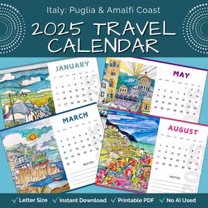 Calendário para impressão de viagens para a Itália 2025, tamanho de carta, com 12 pinturas em aquarela ilustradas mensais, presente de arte para amantes de viagens