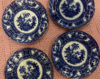 Vintage Asian Design Porcelanowe Talerze Niebieskie i Białe - Zestaw 4