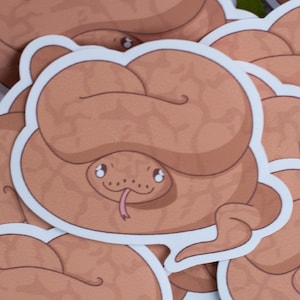 May include: A set of brown snake stickers with white outlines. The snakes are curled up in a ball and have cute faces with big eyes.
