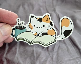 Cozy Cat Reading Sticker | Waterproof Laptop Decal