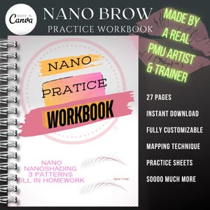 Op de afbeelding: Een roze en witte werkboek met de titel "Nano Brow Practice Workbook" en de tekst "Nano Practice Workbook" in een cirkel. Het werkboek bevat 27 pagina's, een directe download, is volledig aanpasbaar en bevat mappingtechnieken, oefenbladen en meer.