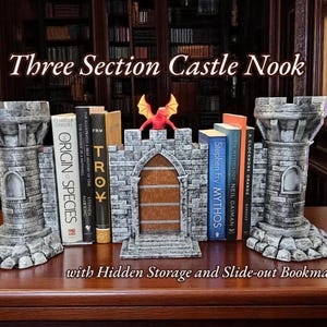 Dragon Castle Bookend Set – 3pc Book Nook with Hidden Storage & Removable Dragon Bookmark