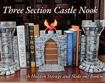 Dragon Castle Bookend Set – 3pc Book Nook with Hidden Storage & Removable Dragon Bookmark